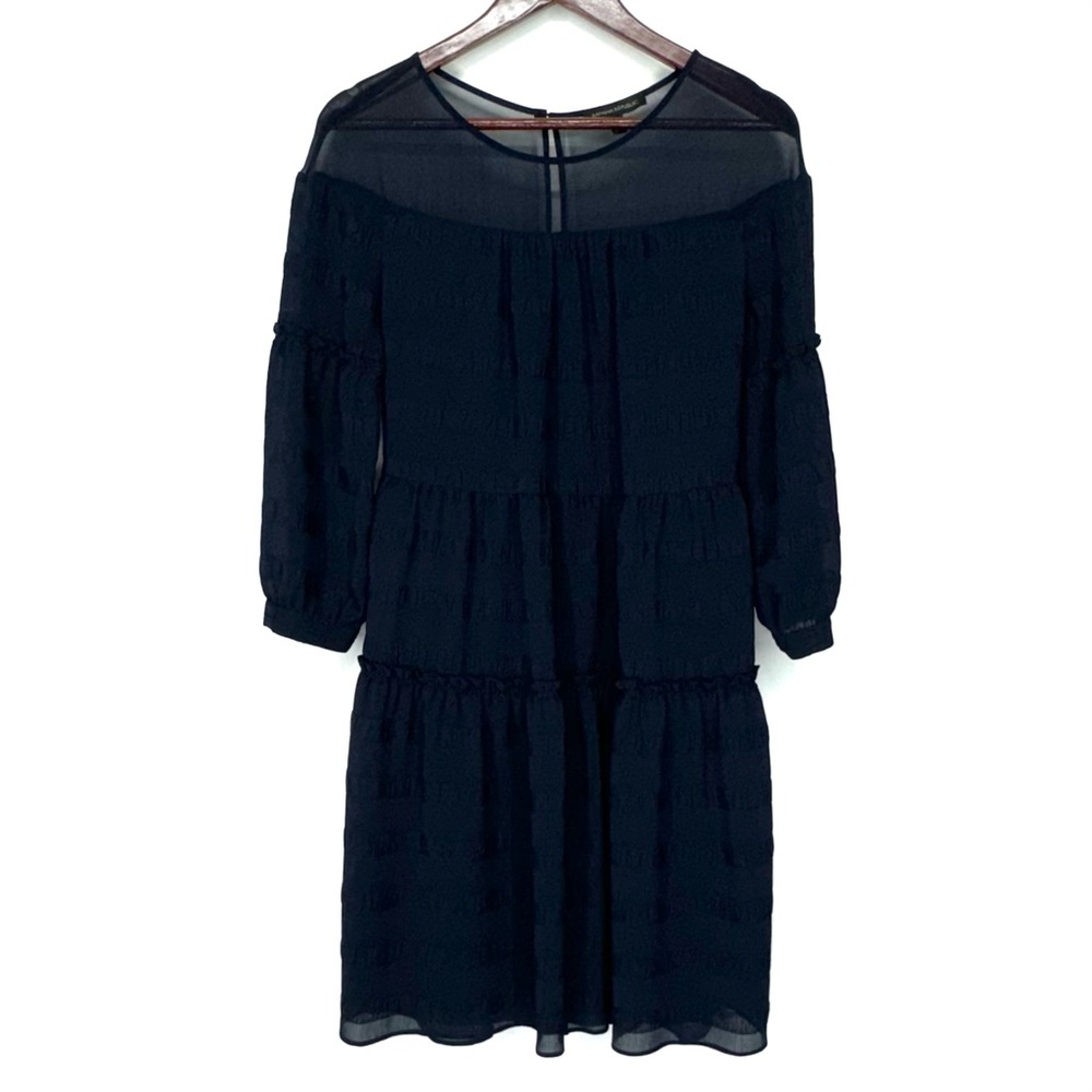 Banana Republic Navy Blue Understated Stripe Ruffle Dress With Sleeves Size 4